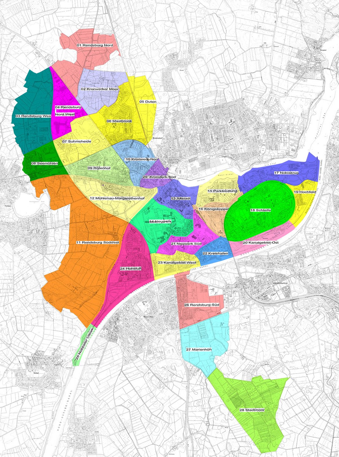 Auf einer Stadtkarte sind die einzelnen Stadtteile Rendsburgs eingetragen und in unerschiedlichen Farben hinterlegt.