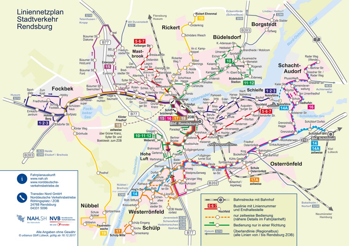 Die Karte des Liniennetzes für den Stadtverkehr in Rendsburg