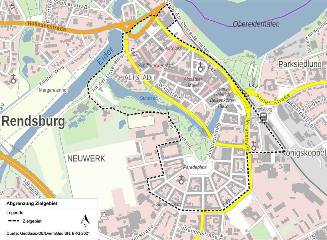 Stadtkarte Rendsburgs mit dem eingezeichneten Zielgebiet des Innenstadtförderprogramms.